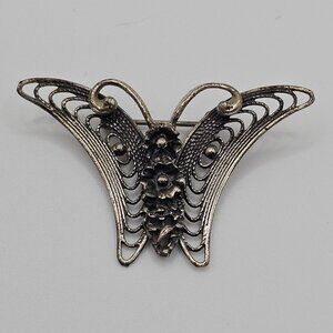 VTG Beau Brooch 925 Sterling Silver Butterfly Moth Filigree Figural Pin Grey